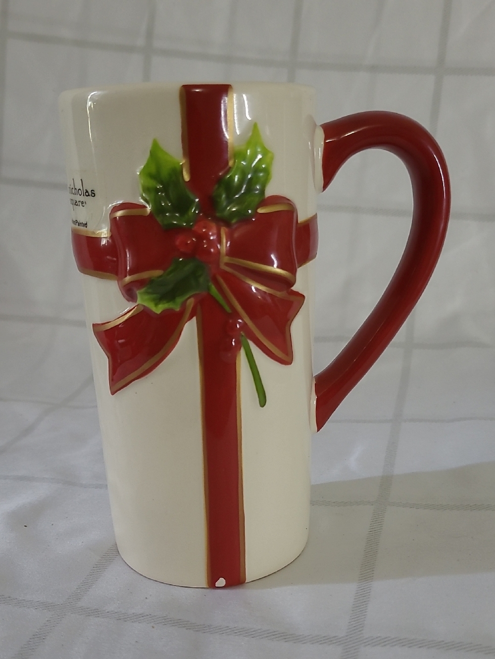 St. Nicholas Square Cream Mug with Red Bow Accents